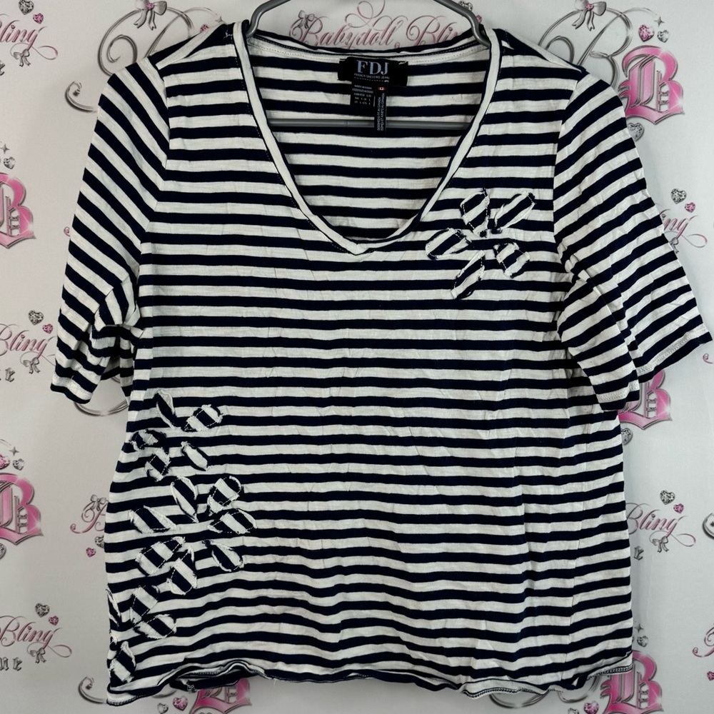 FDJ tshirt navy blue and White Striped Women's Tee embroidered patch flowers